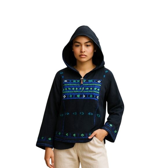 Free People Black Blue Green Embroidered Hooded Bell Sleeve Top Shirt BOHO M - Picture 1 of 4